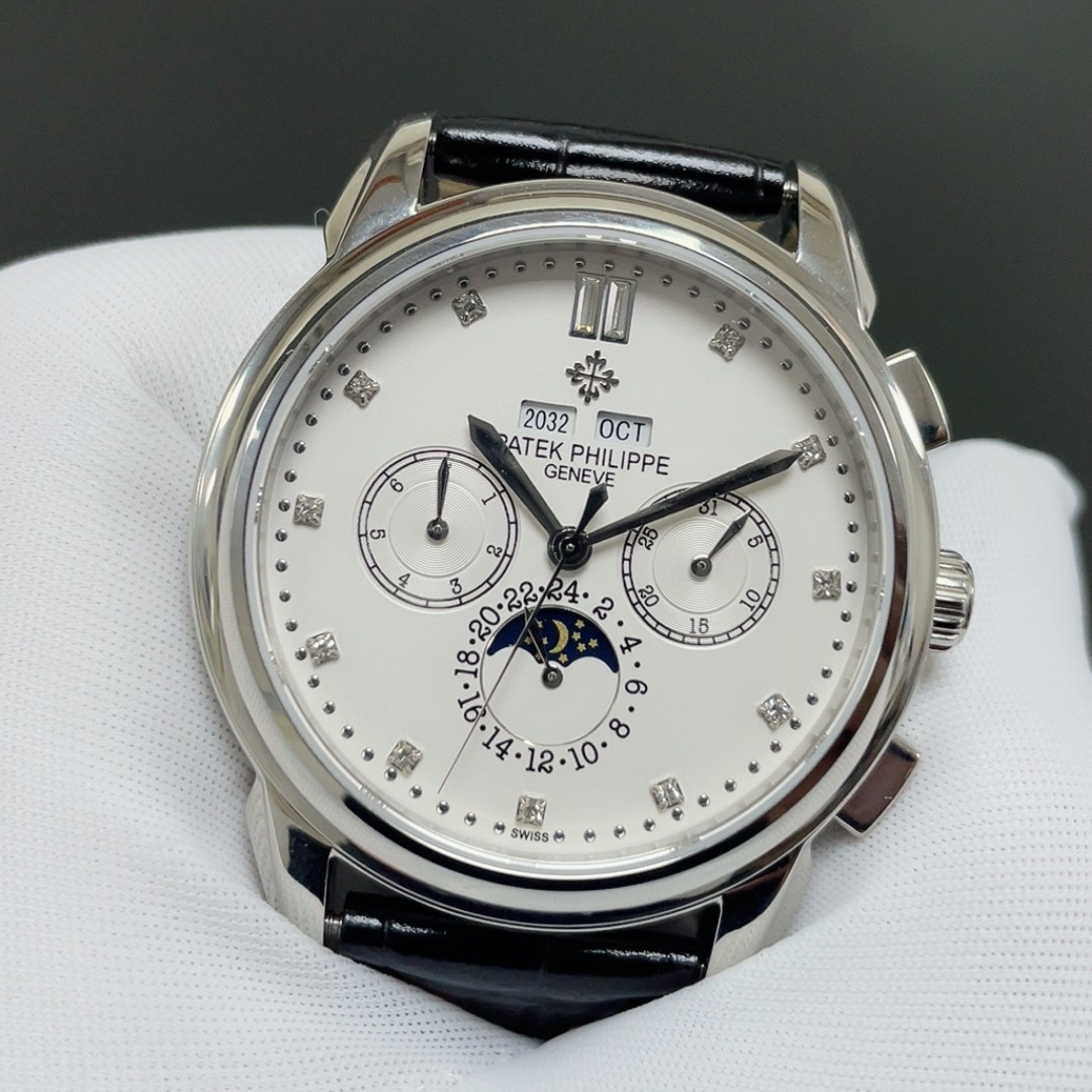 PATEK PHILIPPE Perpetual CalPatek Philippe Grand Style Automatic Watch, White Dial Diamond Index Moon Phase Leather Strapendar Chronograph Watch