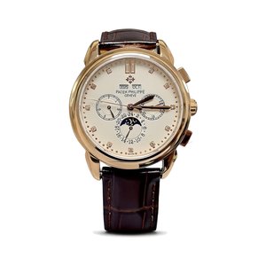 PATEK PHILIPPE Perpetual CalPatek Philippe Calatrava Style Automatic Watch, White Dial Diamond Index Chronograph Leather Strapendar Moon Phase Watch