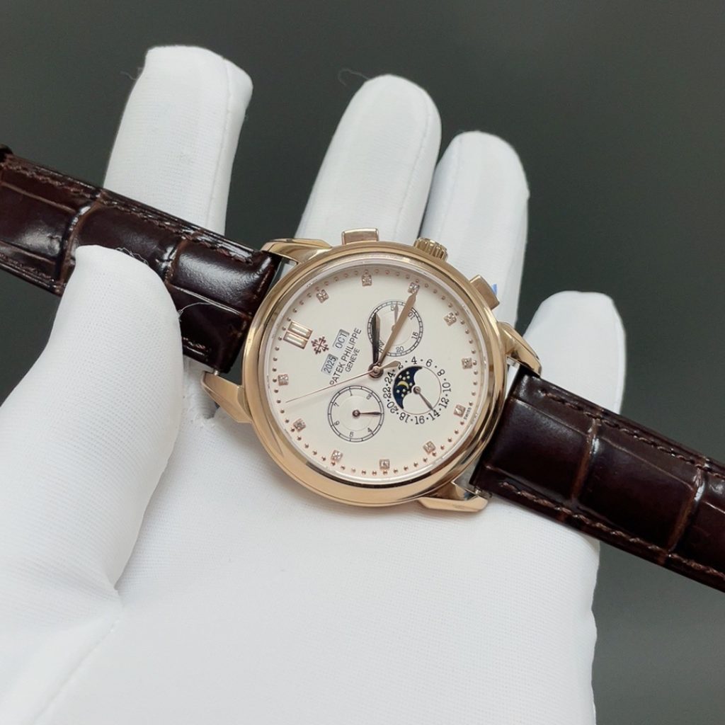 PATEK PHILIPPE Perpetual CalPatek Philippe Calatrava Style Automatic Watch, White Dial Diamond Index Chronograph Leather Strapendar Moon Phase Watch