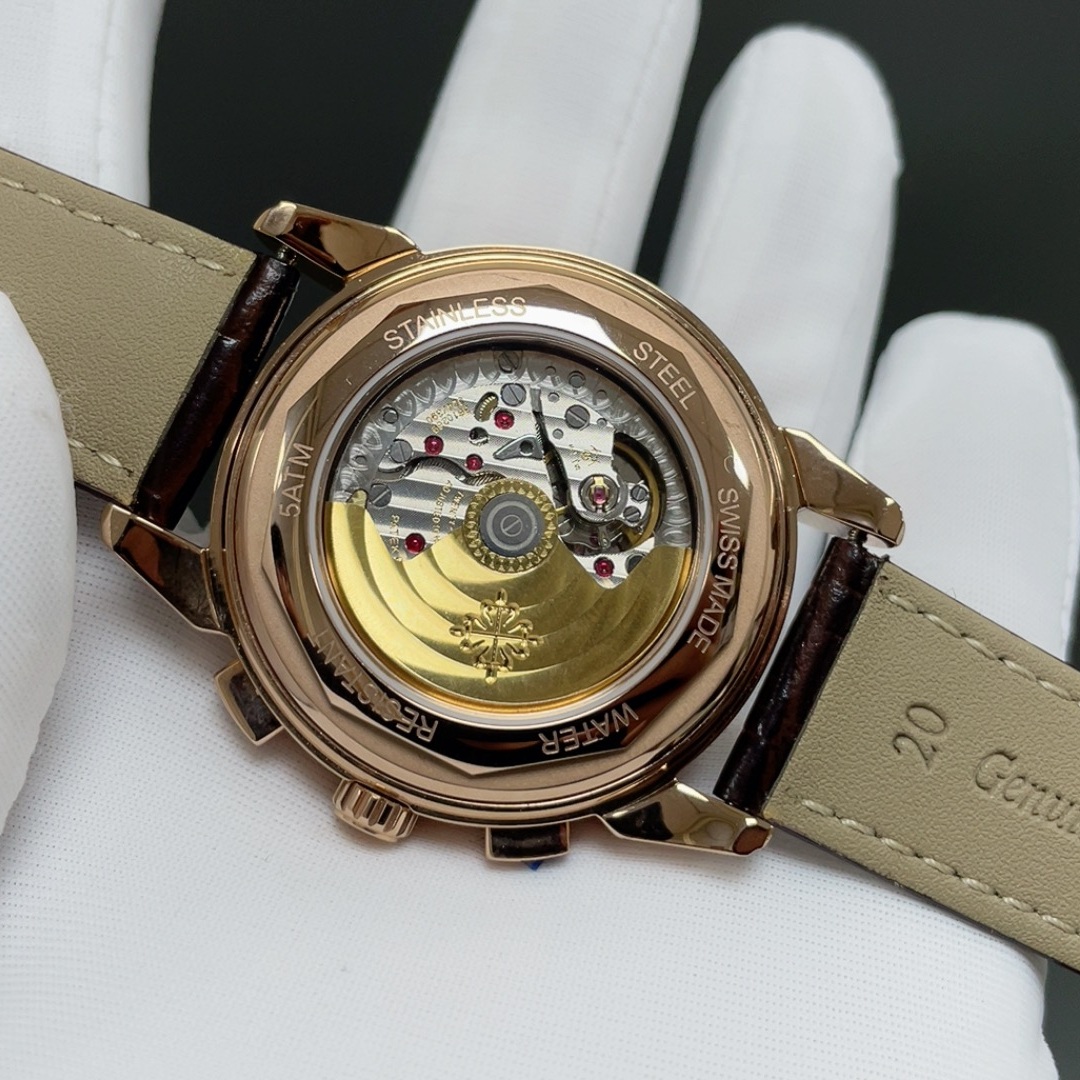 PATEK PHILIPPE Perpetual CalPatek Philippe Calatrava Style Automatic Watch, White Dial Diamond Index Chronograph Leather Strapendar Moon Phase Watch