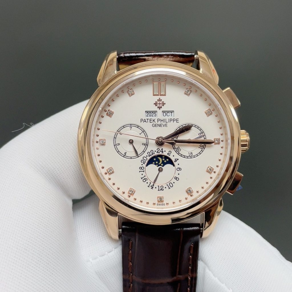 PATEK PHILIPPE Perpetual CalPatek Philippe Calatrava Style Automatic Watch, White Dial Diamond Index Chronograph Leather Strapendar Moon Phase Watch