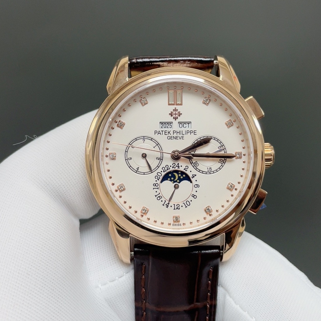 PATEK PHILIPPE Perpetual CalPatek Philippe Calatrava Style Automatic Watch, White Dial Diamond Index Chronograph Leather Strapendar Moon Phase Watch