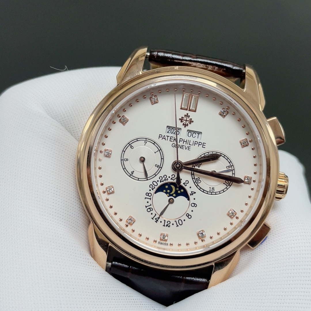 PATEK PHILIPPE Perpetual CalPatek Philippe Calatrava Style Automatic Watch, White Dial Diamond Index Chronograph Leather Strapendar Moon Phase Watch