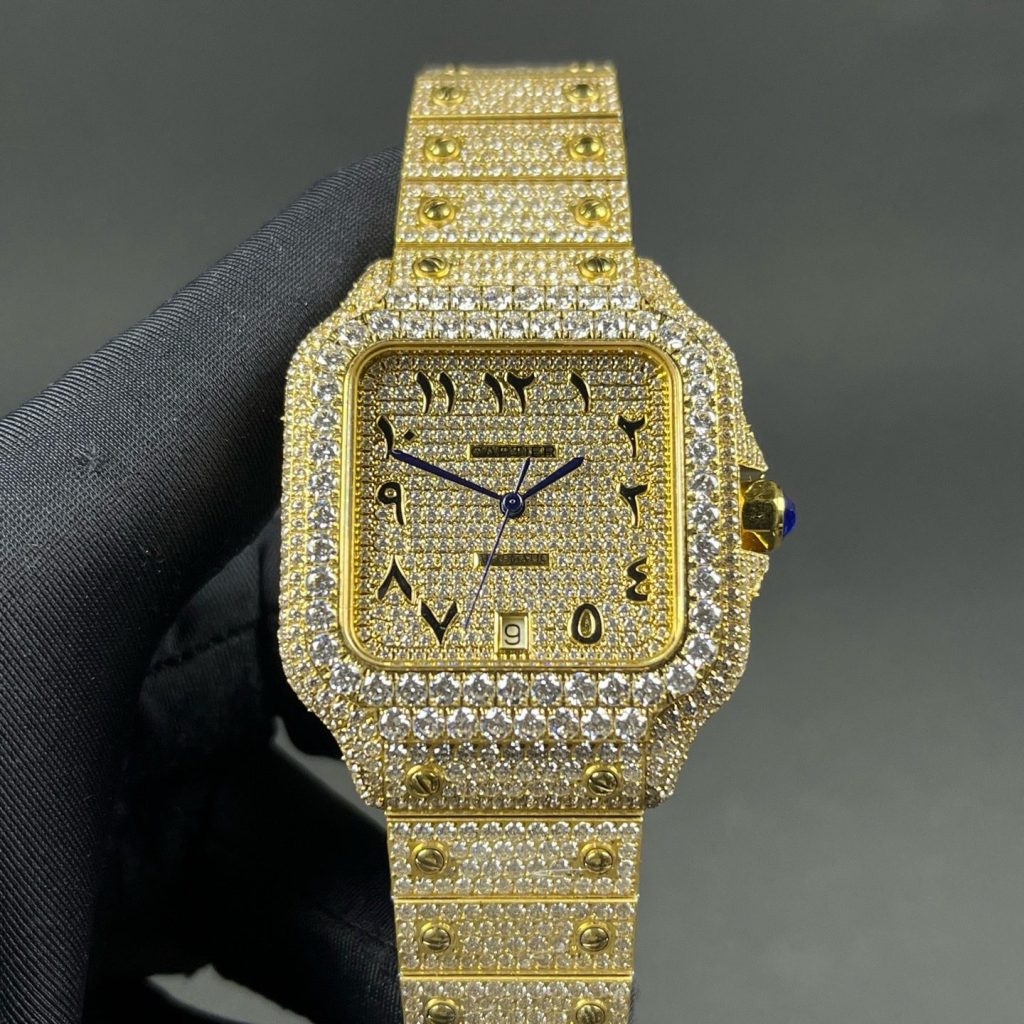 Cartier Automatic Watch, Diamond Pavé Dial Arabic Numeral Yellow Gold Case Metal Bracelet 100m WR