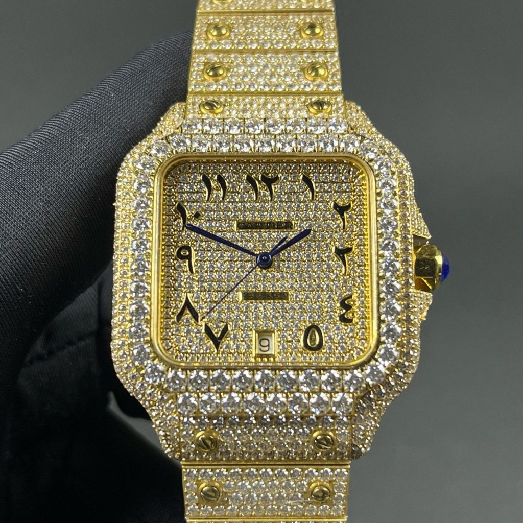 Cartier Automatic Watch, Diamond Pavé Dial Arabic Numeral Yellow Gold Case Metal Bracelet 100m WR
