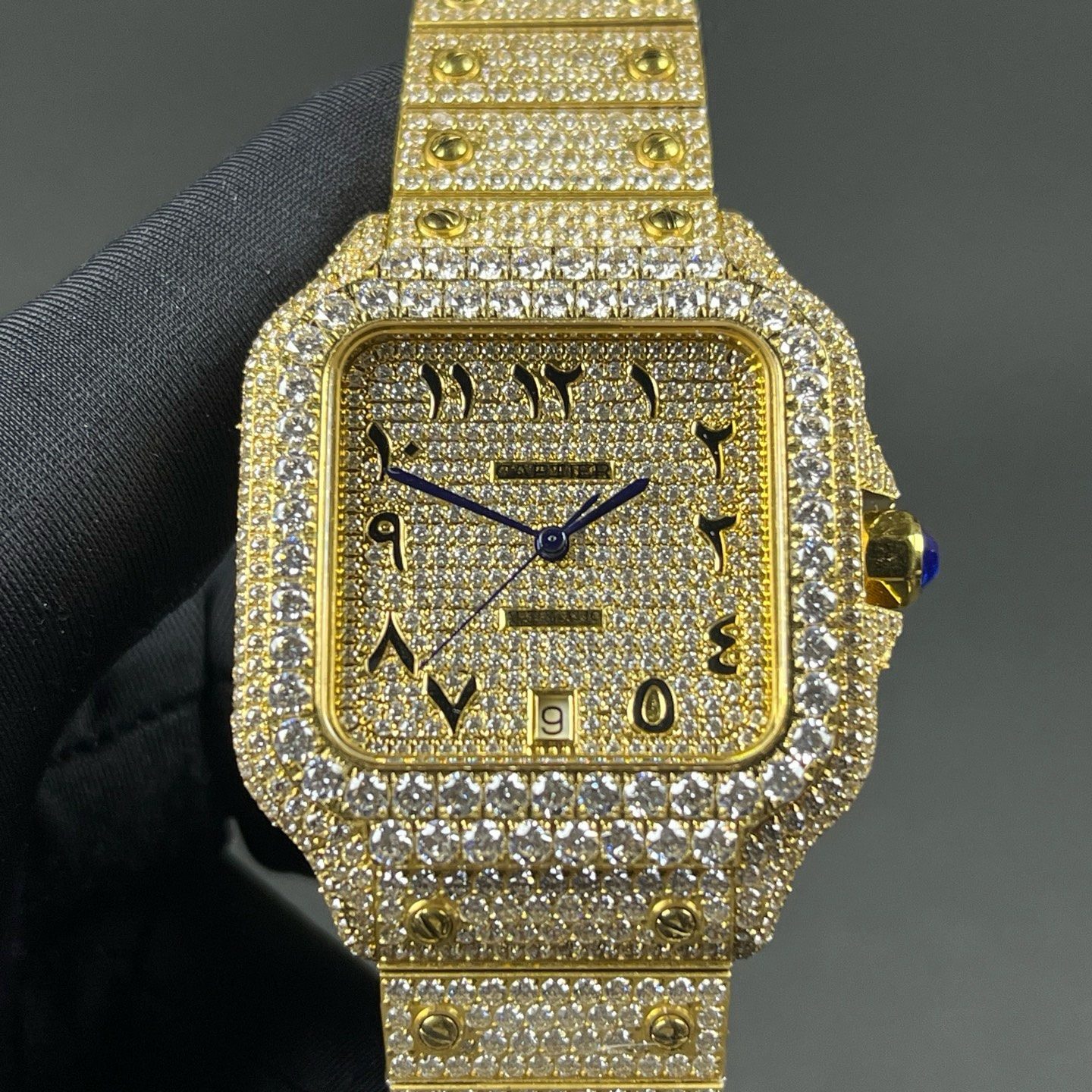 Cartier Automatic Watch, Diamond Pavé Dial Arabic Numeral Yellow Gold Case Metal Bracelet 100m WR