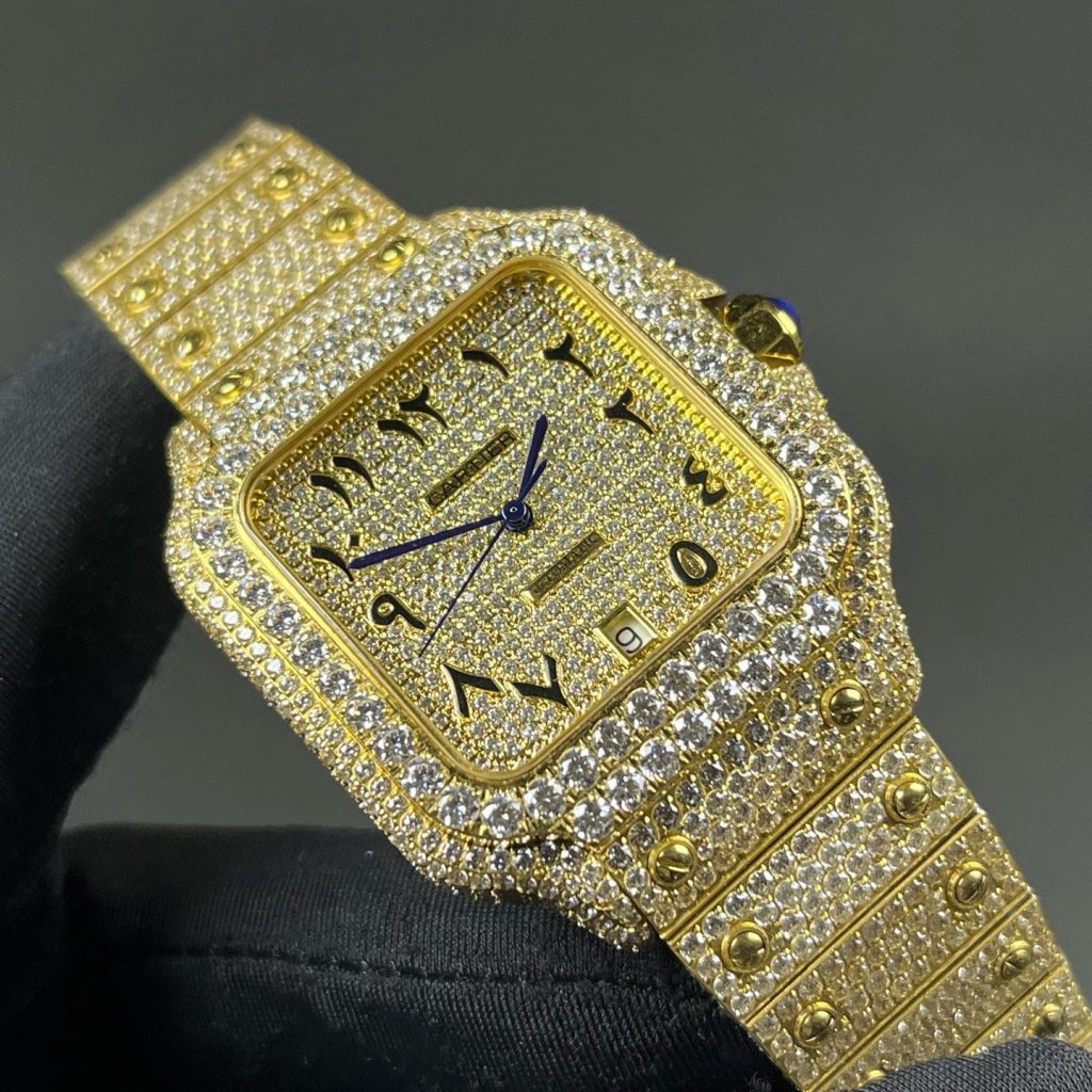 Cartier Automatic Watch, Diamond Pavé Dial Arabic Numeral Yellow Gold Case Metal Bracelet 100m WR