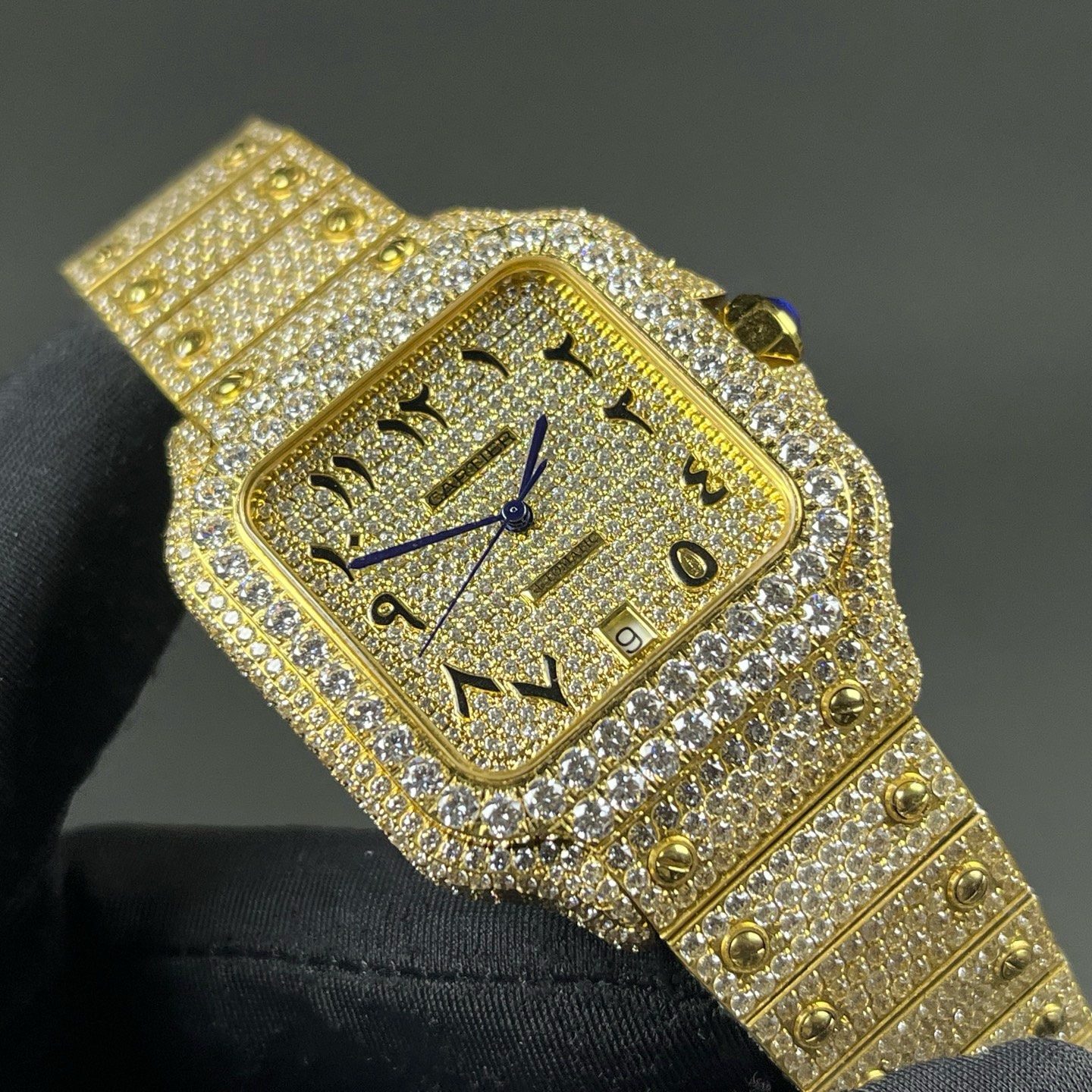 Cartier Automatic Watch, Diamond Pavé Dial Arabic Numeral Yellow Gold Case Metal Bracelet 100m WR