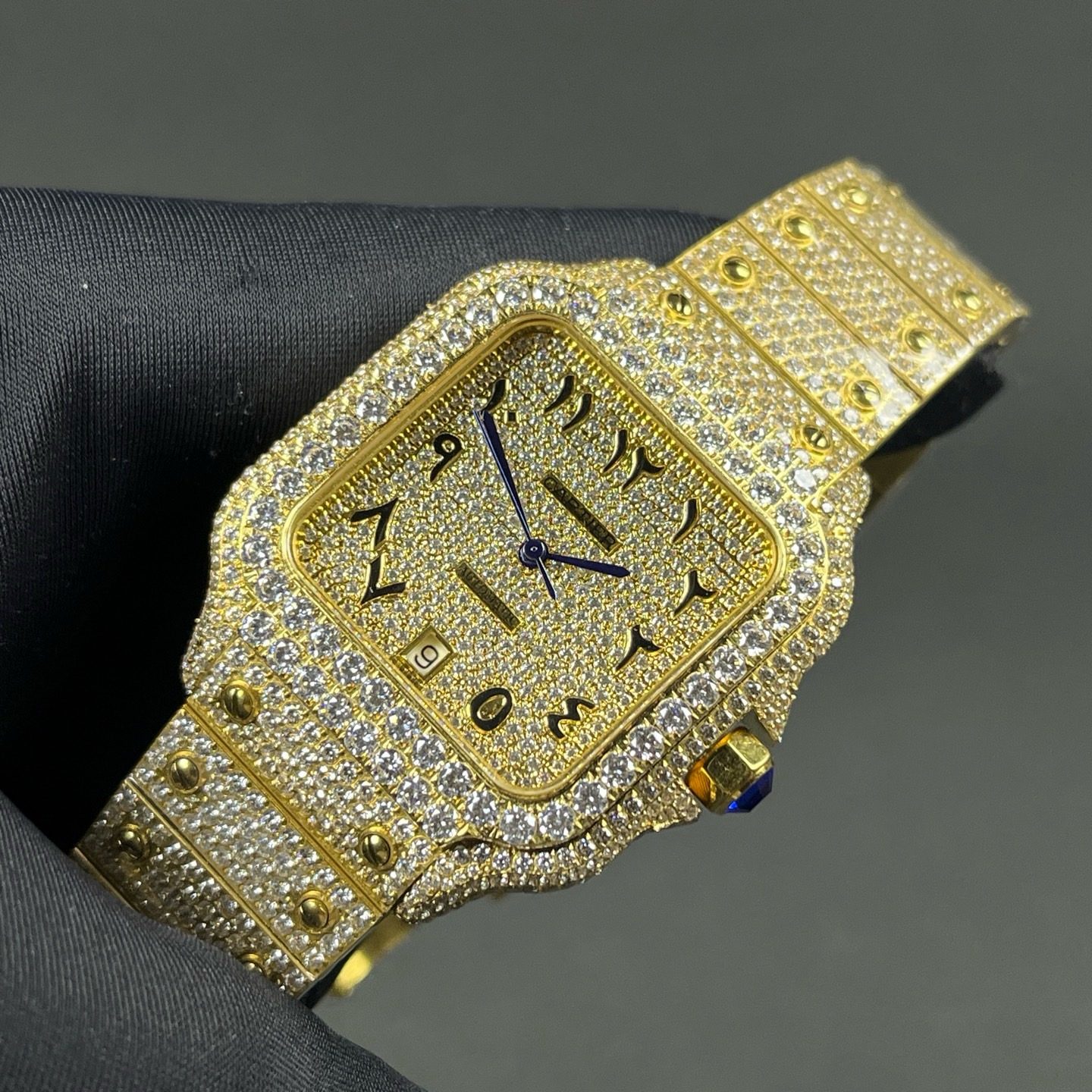 Cartier Automatic Watch, Diamond Pavé Dial Arabic Numeral Yellow Gold Case Metal Bracelet 100m WR