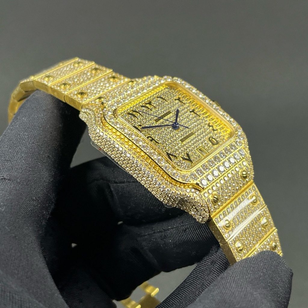 Cartier Automatic Watch, Diamond Pavé Dial Arabic Numeral Yellow Gold Case Metal Bracelet 100m WR