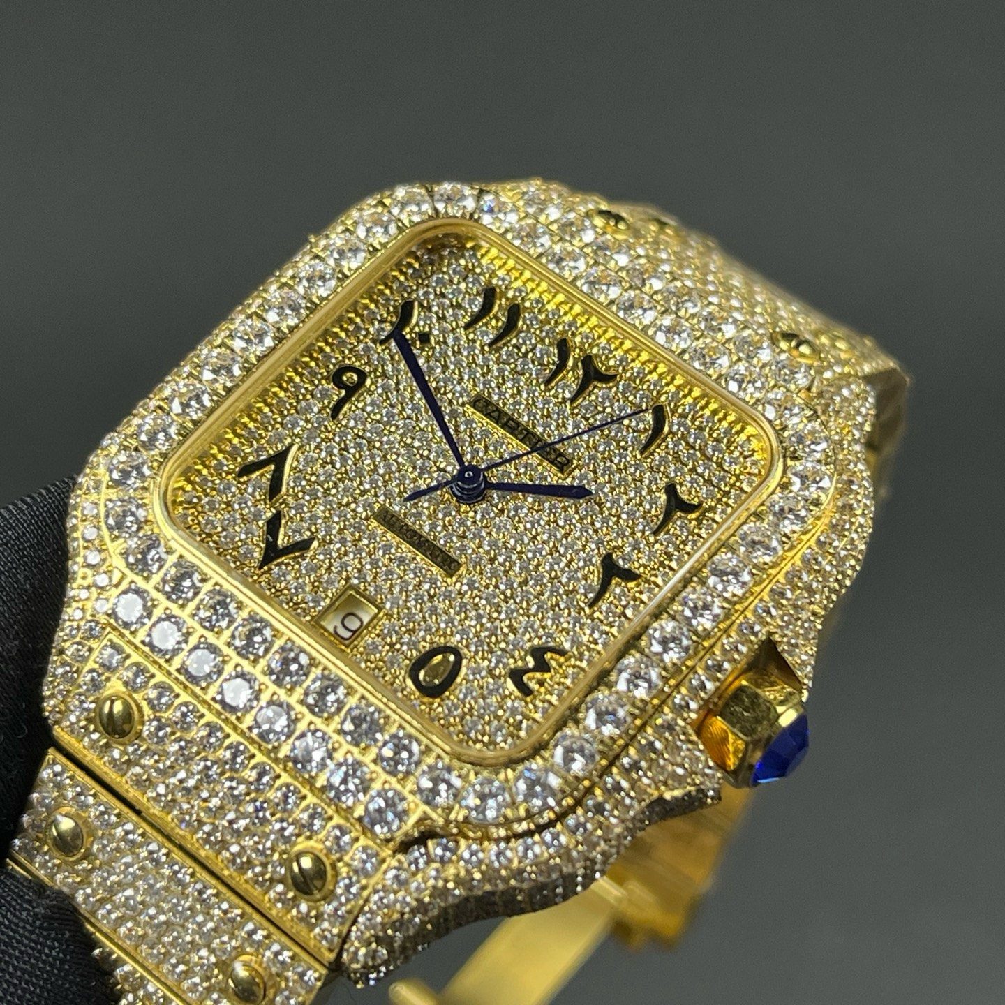 Cartier Automatic Watch, Diamond Pavé Dial Arabic Numeral Yellow Gold Case Metal Bracelet 100m WR