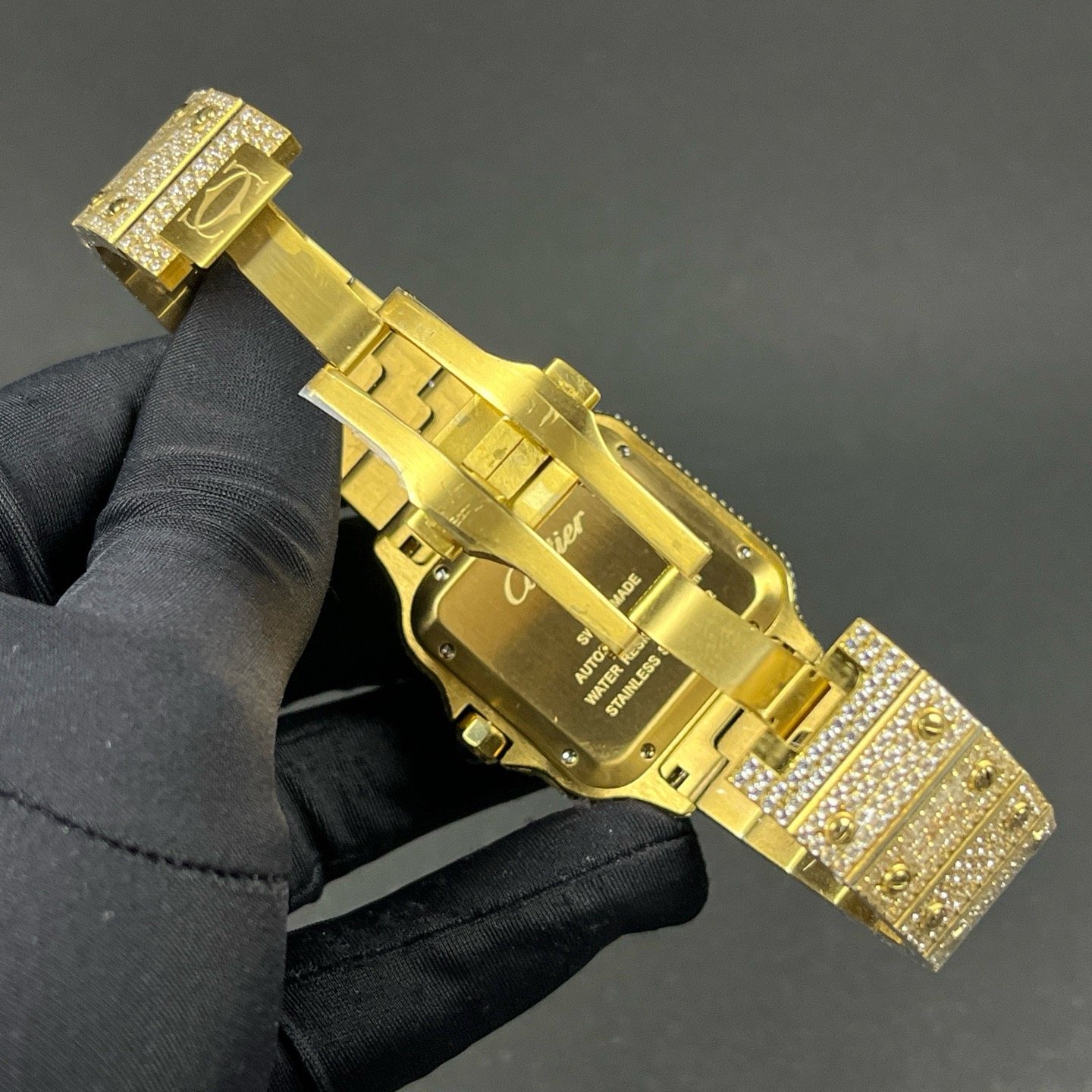 Cartier Automatic Watch, Diamond Pavé Dial Arabic Numeral Yellow Gold Case Metal Bracelet 100m WR