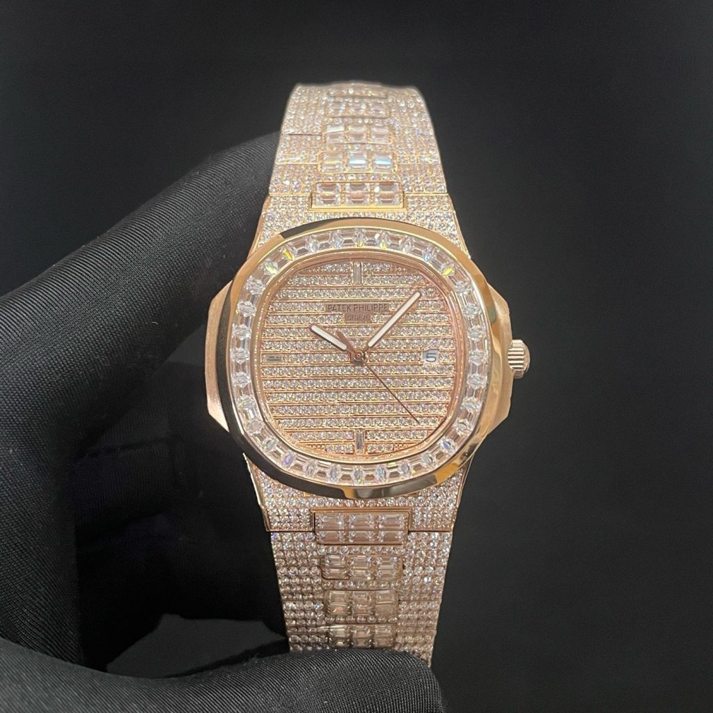 Patek Philippe Automatic Watch, Diamond Dial Date Rose Gold Case Metal Bracelet 50m Water Resistant