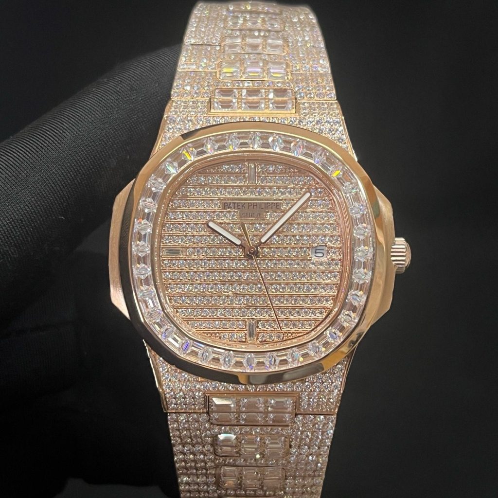 Patek Philippe Automatic Watch, Diamond Dial Date Rose Gold Case Metal Bracelet 50m Water Resistant