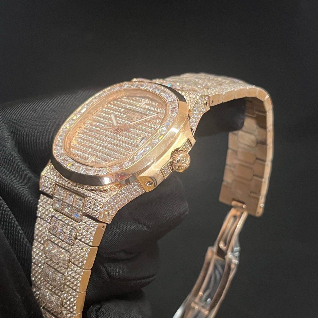 Patek Philippe Automatic Watch, Diamond Dial Date Rose Gold Case Metal Bracelet 50m Water Resistant