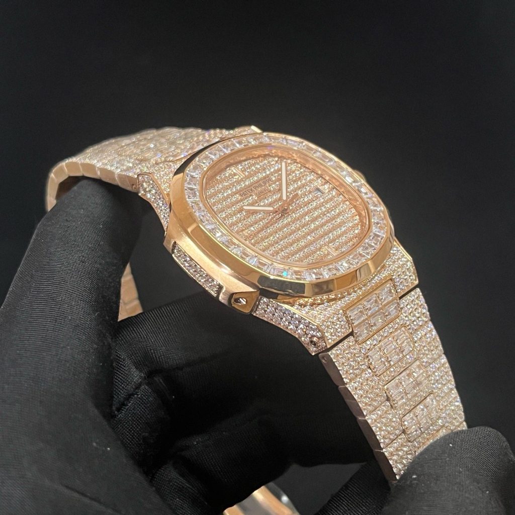 Patek Philippe Automatic Watch, Diamond Dial Date Rose Gold Case Metal Bracelet 50m Water Resistant