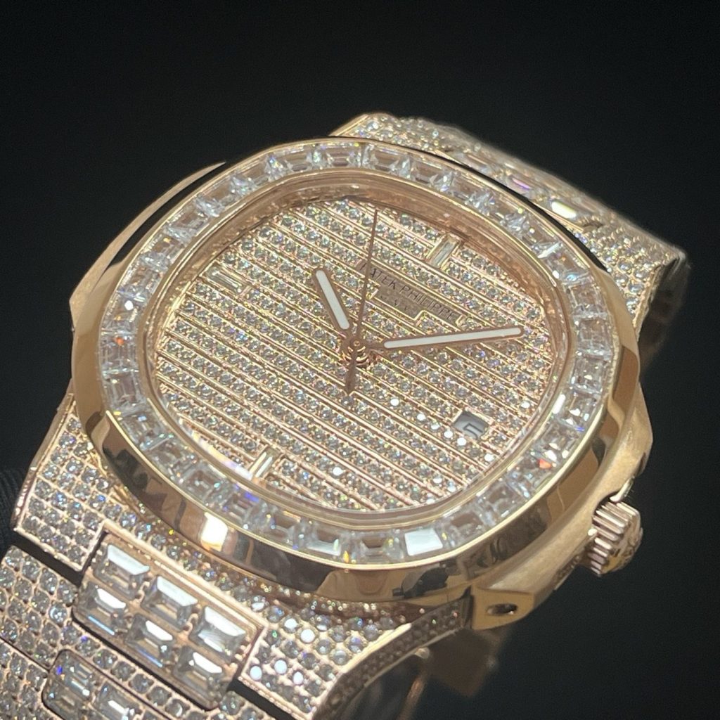 Patek Philippe Automatic Watch, Diamond Dial Date Rose Gold Case Metal Bracelet 50m Water Resistant