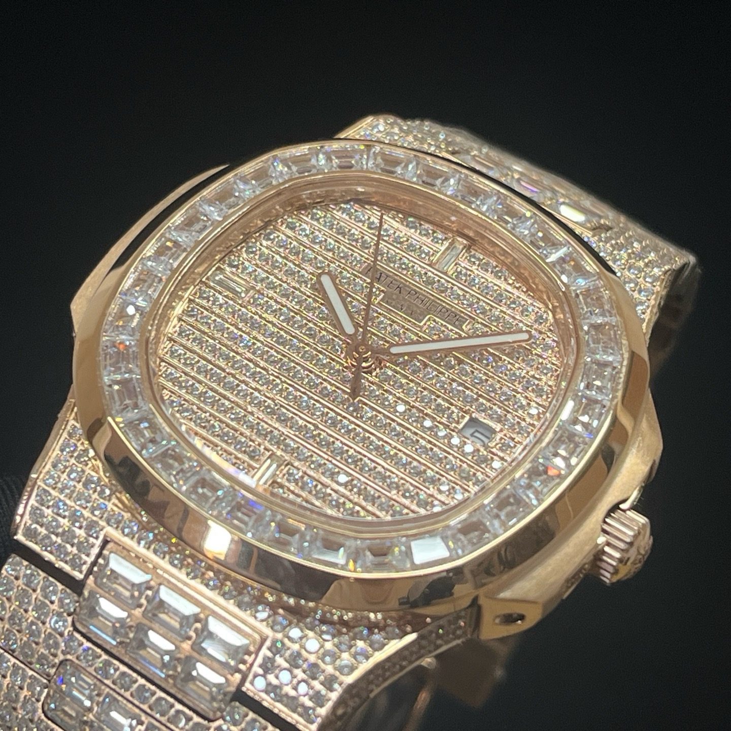 Patek Philippe Automatic Watch, Diamond Dial Date Rose Gold Case Metal Bracelet 50m Water Resistant