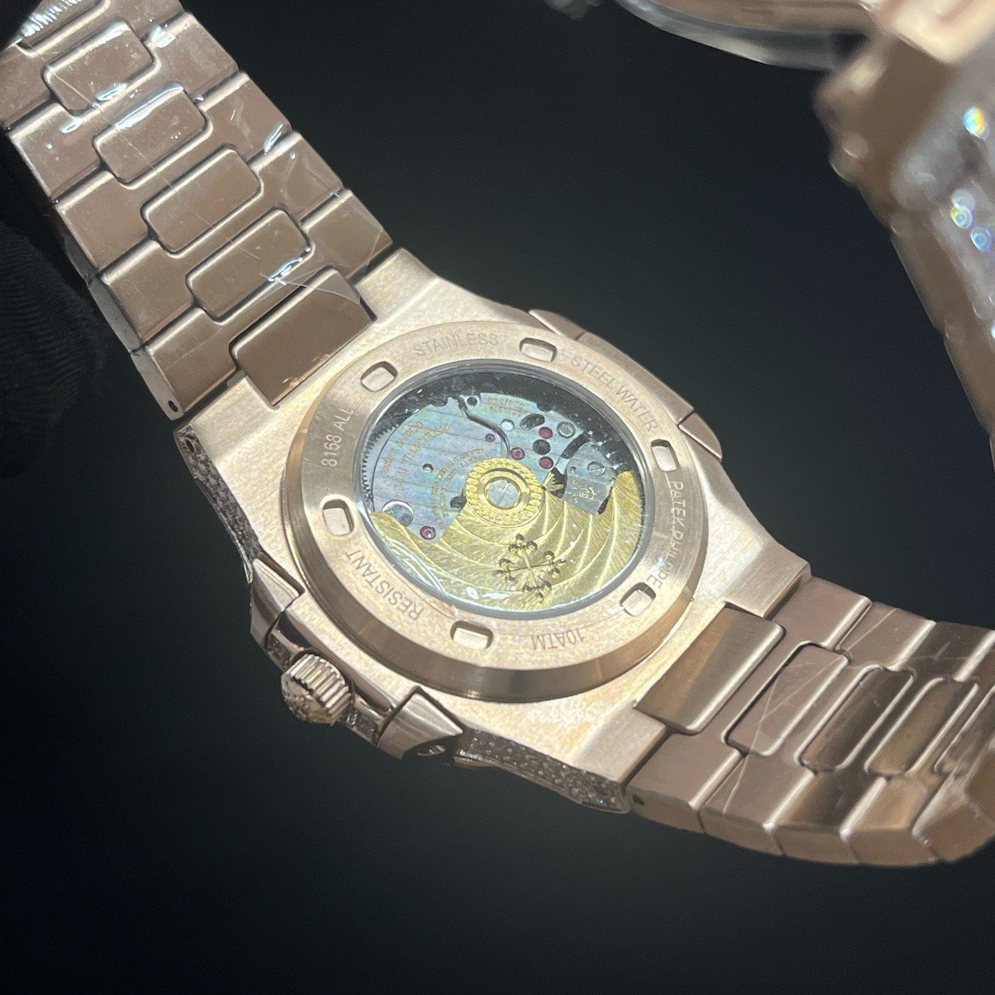Patek Philippe Automatic Watch, Diamond Dial Date Rose Gold Case Metal Bracelet 50m Water Resistant