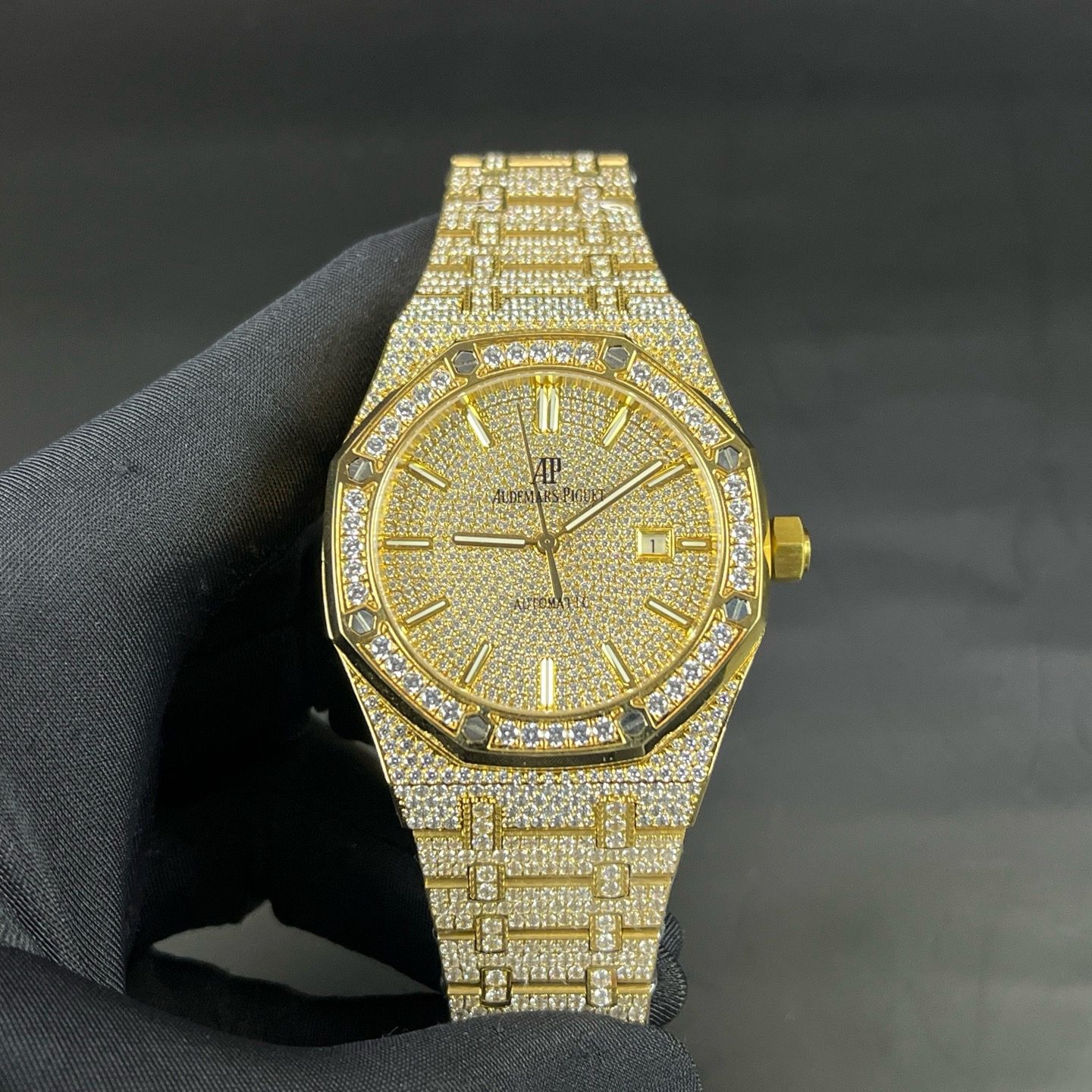 Audemars Piguet Automatic Watch, Diamond Dial Index Rose Gold Case Metal Bracelet Sapphire Crystal