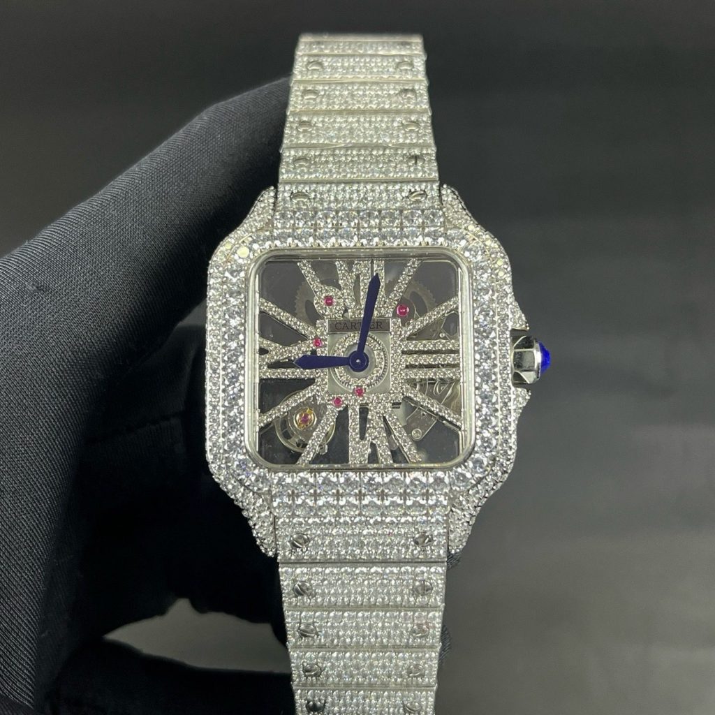 Cartier Santos Diamond WatcCartier Santos Style Diamond Set Automatic Watch, Blue Dial Metal Braceleth