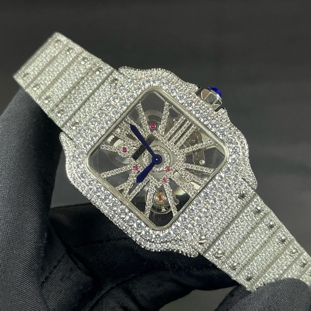 Cartier Santos Diamond WatcCartier Santos Style Diamond Set Automatic Watch, Blue Dial Metal Braceleth