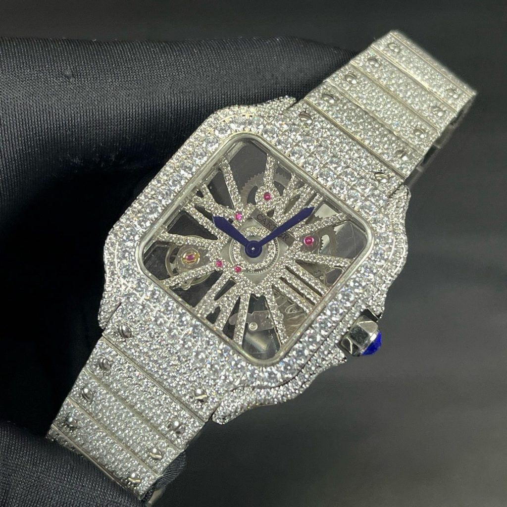 Cartier Santos Diamond WatcCartier Santos Style Diamond Set Automatic Watch, Blue Dial Metal Braceleth