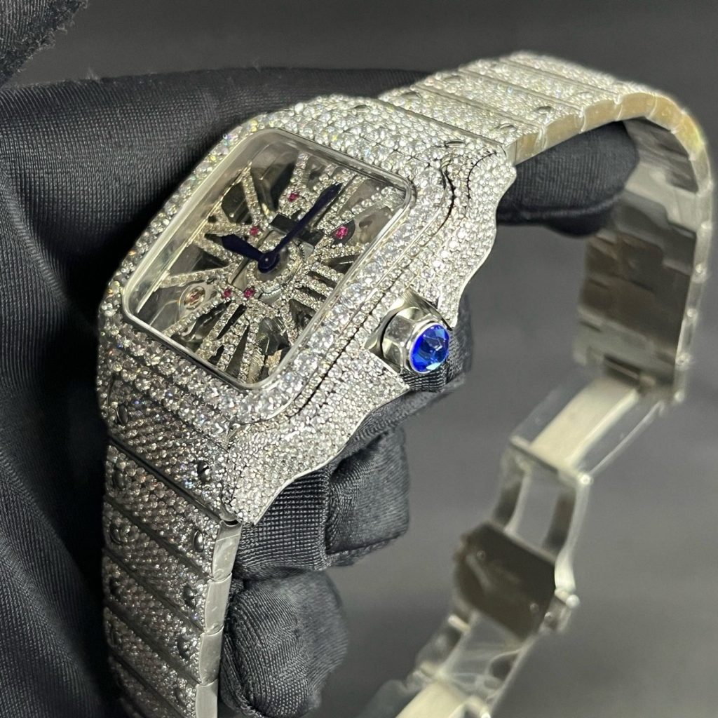 Cartier Santos Diamond WatcCartier Santos Style Diamond Set Automatic Watch, Blue Dial Metal Braceleth