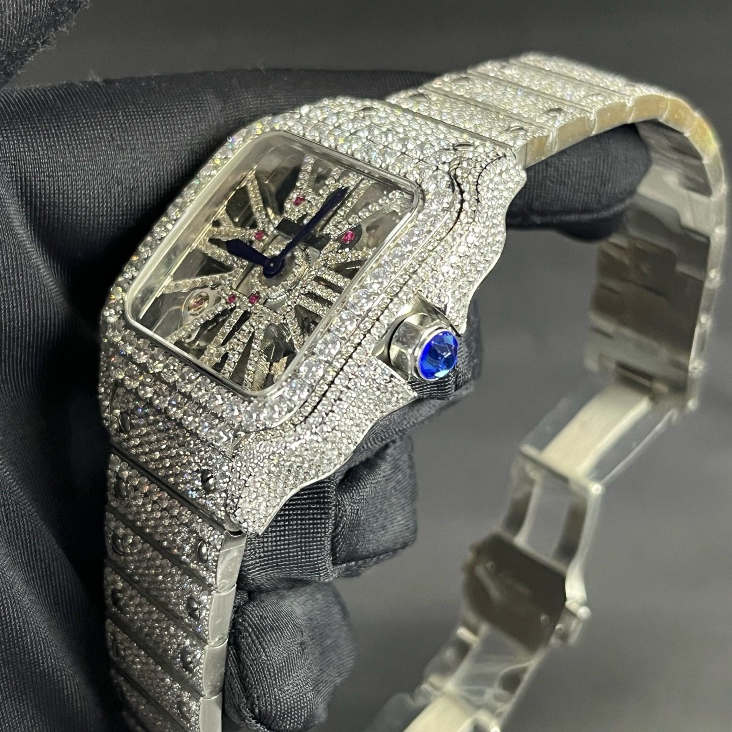 Cartier Santos Diamond WatcCartier Santos Style Diamond Set Automatic Watch, Blue Dial Metal Braceleth