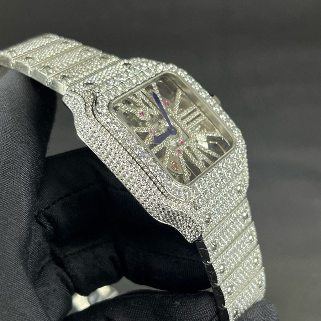 Cartier Santos Diamond WatcCartier Santos Style Diamond Set Automatic Watch, Blue Dial Metal Braceleth
