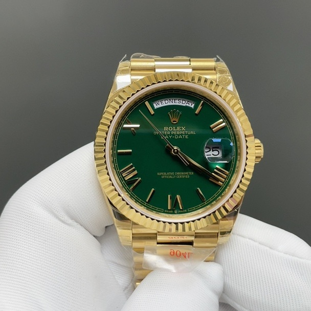 Rolex Day-Date Style Automatic Watch, Green Dial Roman Numeral Yellow Gold Case Metal Bracelet 100m