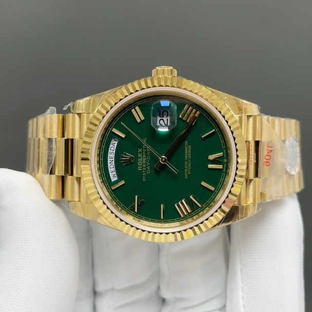 Rolex Day-Date Style Automatic Watch, Green Dial Roman Numeral Yellow Gold Case Metal Bracelet 100m