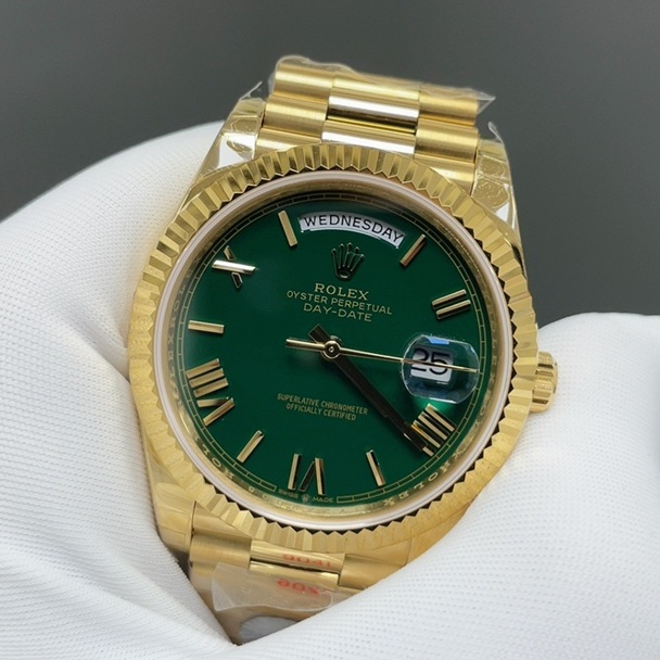 Rolex Day-Date Style Automatic Watch, Green Dial Roman Numeral Yellow Gold Case Metal Bracelet 100m