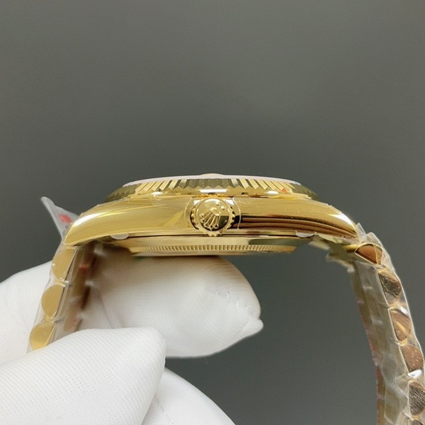 Rolex Day-Date Style Automatic Watch, Green Dial Roman Numeral Yellow Gold Case Metal Bracelet 100m