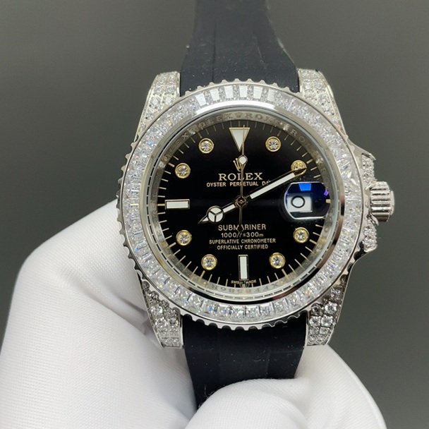 Rolex Submariner Diamond WRolex Submariner Style Automatic Watch, Black Dial Diamond Index Rubber Strapatch