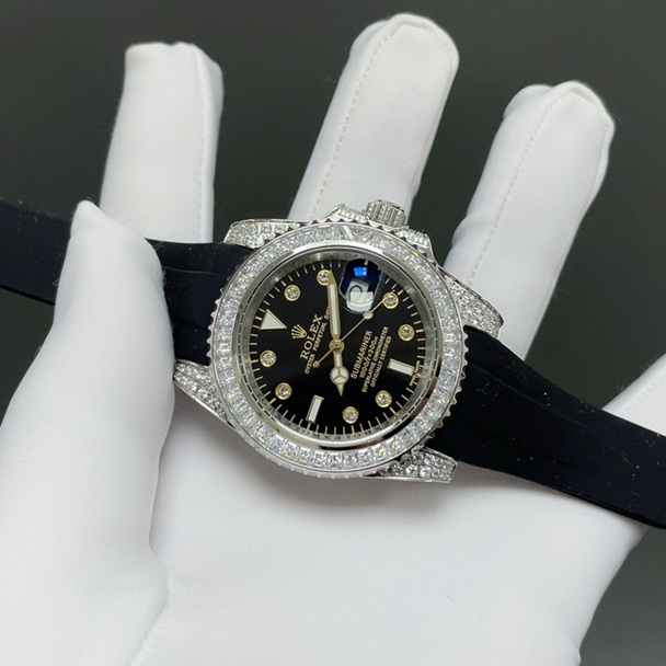 Rolex Submariner Diamond WRolex Submariner Style Automatic Watch, Black Dial Diamond Index Rubber Strapatch