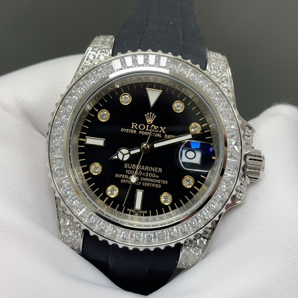 Rolex Submariner Diamond WRolex Submariner Style Automatic Watch, Black Dial Diamond Index Rubber Strapatch