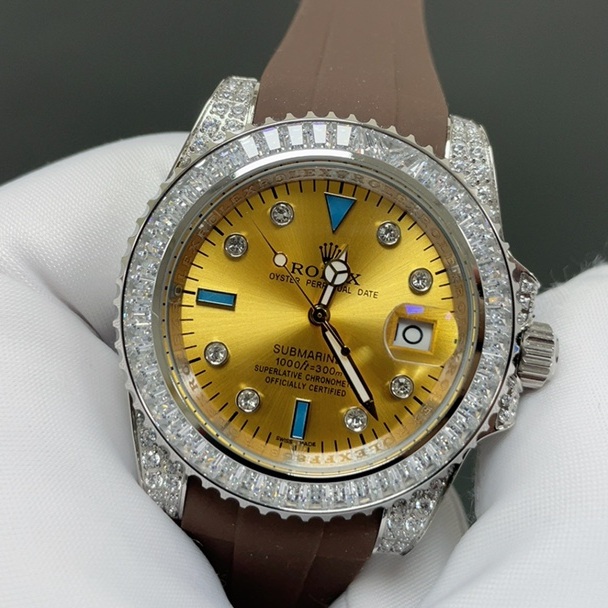 Rolex Submariner Diamond WRolex Submariner Style Automatic Watch, Black Dial Diamond Index Rubber Strapatch