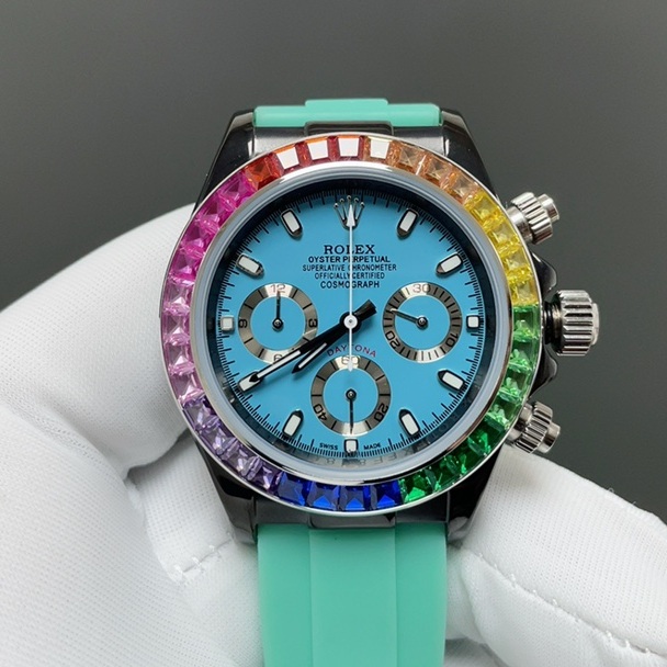 Rolex Daytona Rainbow WatcRolex Cosmograph Style Automatic Watch, Rubber Straph