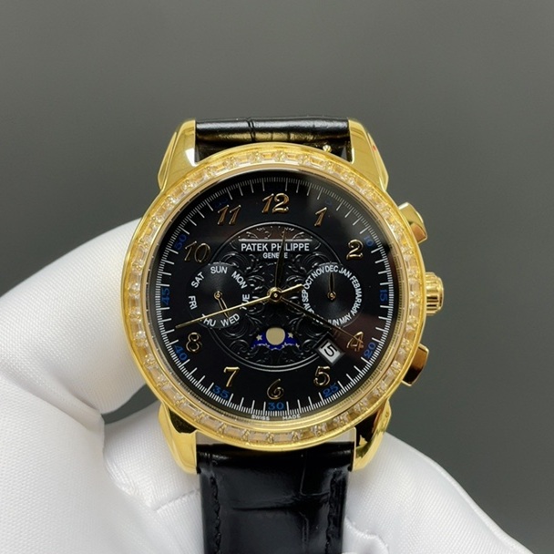 Patek Philippe Complication Patek Philippe Grand Style Automatic Watch, Black Dial Diamond Index Leather StrapDiamond Watch