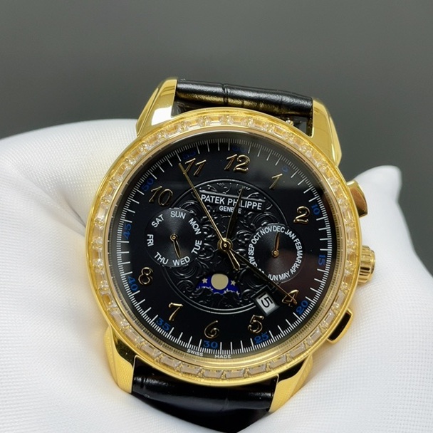 Patek Philippe Complication Patek Philippe Grand Style Automatic Watch, Black Dial Diamond Index Leather StrapDiamond Watch