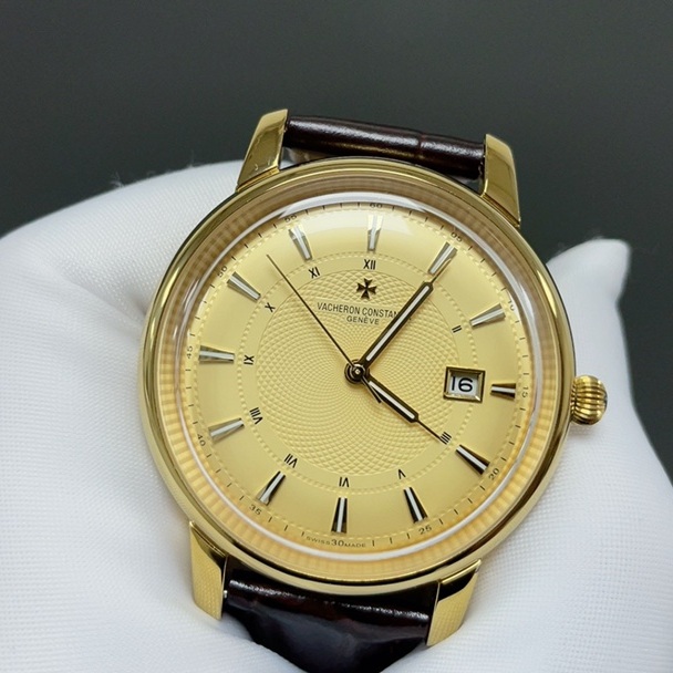 Vacheron Constantin OverseaVacheron Constantin Patrimony Style Automatic Watch, White Dial Roman Numeral Date Leather Straps Watch