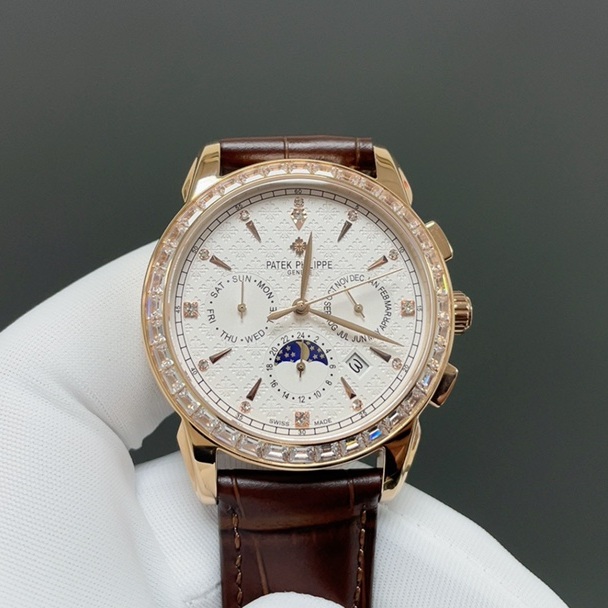 Patek Philippe Perpetual CalePatek Philippe Calatrava Style Automatic Watch, White Dial Diamond Index Moon Phase Leather Strapndar Diamond Watch