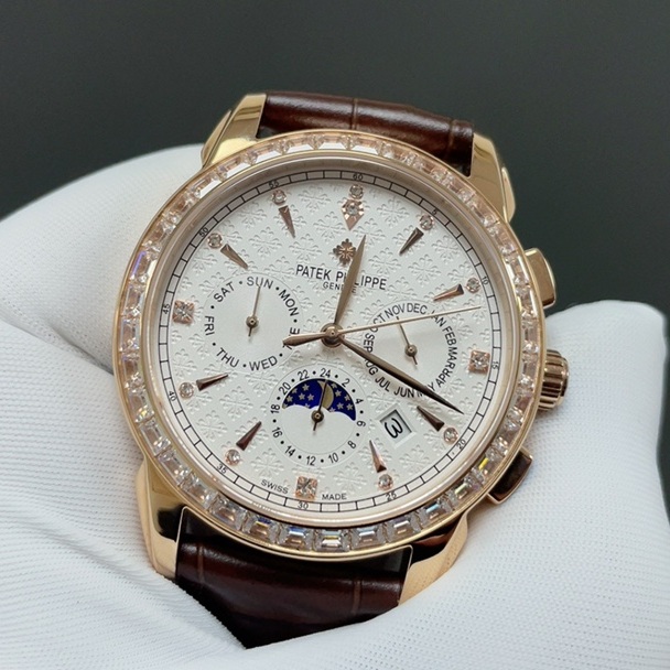 Patek Philippe Perpetual CalePatek Philippe Calatrava Style Automatic Watch, White Dial Diamond Index Moon Phase Leather Strapndar Diamond Watch