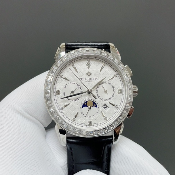 Patek Philippe Perpetual CalePatek Philippe Calatrava Style Automatic Watch, White Dial Diamond Index Moon Phase Leather Strapndar Diamond Watch