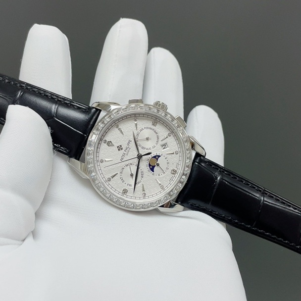 Patek Philippe Perpetual CalePatek Philippe Calatrava Style Automatic Watch, White Dial Diamond Index Moon Phase Leather Strapndar Diamond Watch