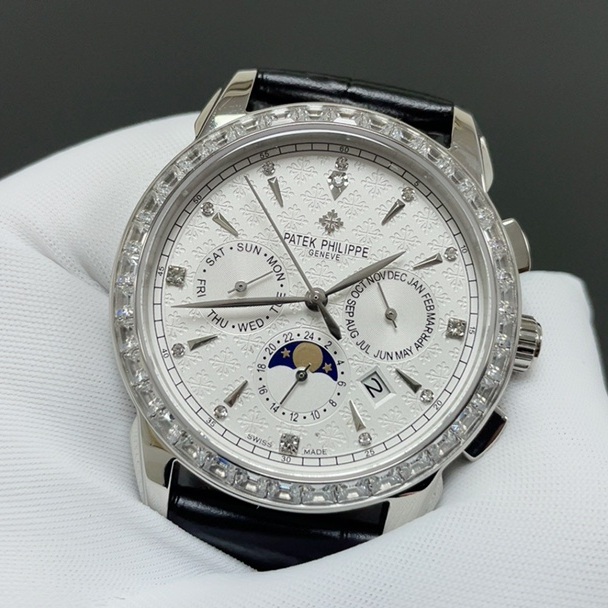 Patek Philippe Perpetual CalePatek Philippe Calatrava Style Automatic Watch, White Dial Diamond Index Moon Phase Leather Strapndar Diamond Watch