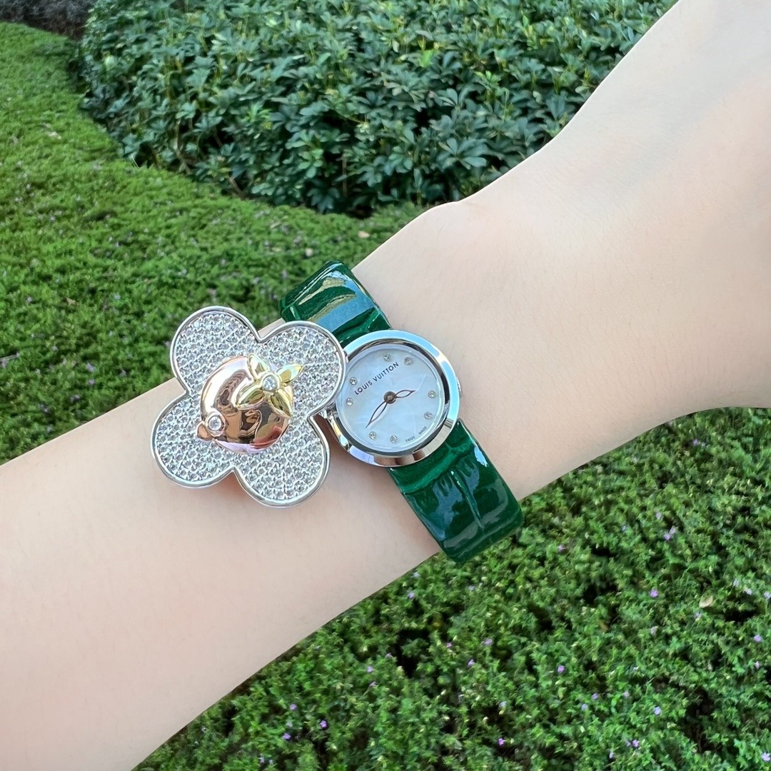 Louis Vuitton Vivienne Style Quartz Watch, White Mother-of-Pearl Dial Diamond Markers Crocodile Leather Strap