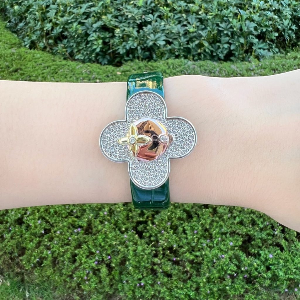 Louis Vuitton Vivienne Style Quartz Watch, White Mother-of-Pearl Dial Diamond Markers Crocodile Leather Strap