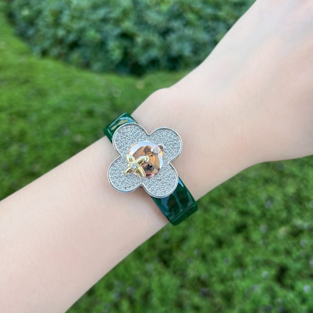 Louis Vuitton Vivienne Style Quartz Watch, White Mother-of-Pearl Dial Diamond Markers Crocodile Leather Strap